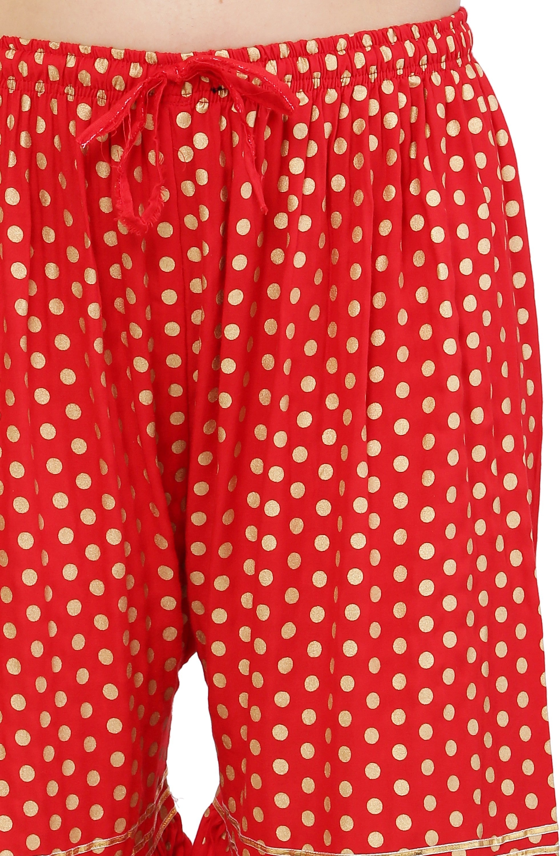 PAVONINE Red Color 3-Panels Golden Printed Flared Sharara For Women & Girls