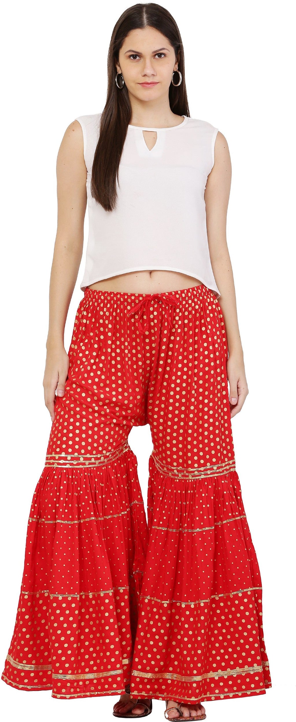 PAVONINE Red Color 3-Panels Golden Printed Flared Sharara For Women & Girls