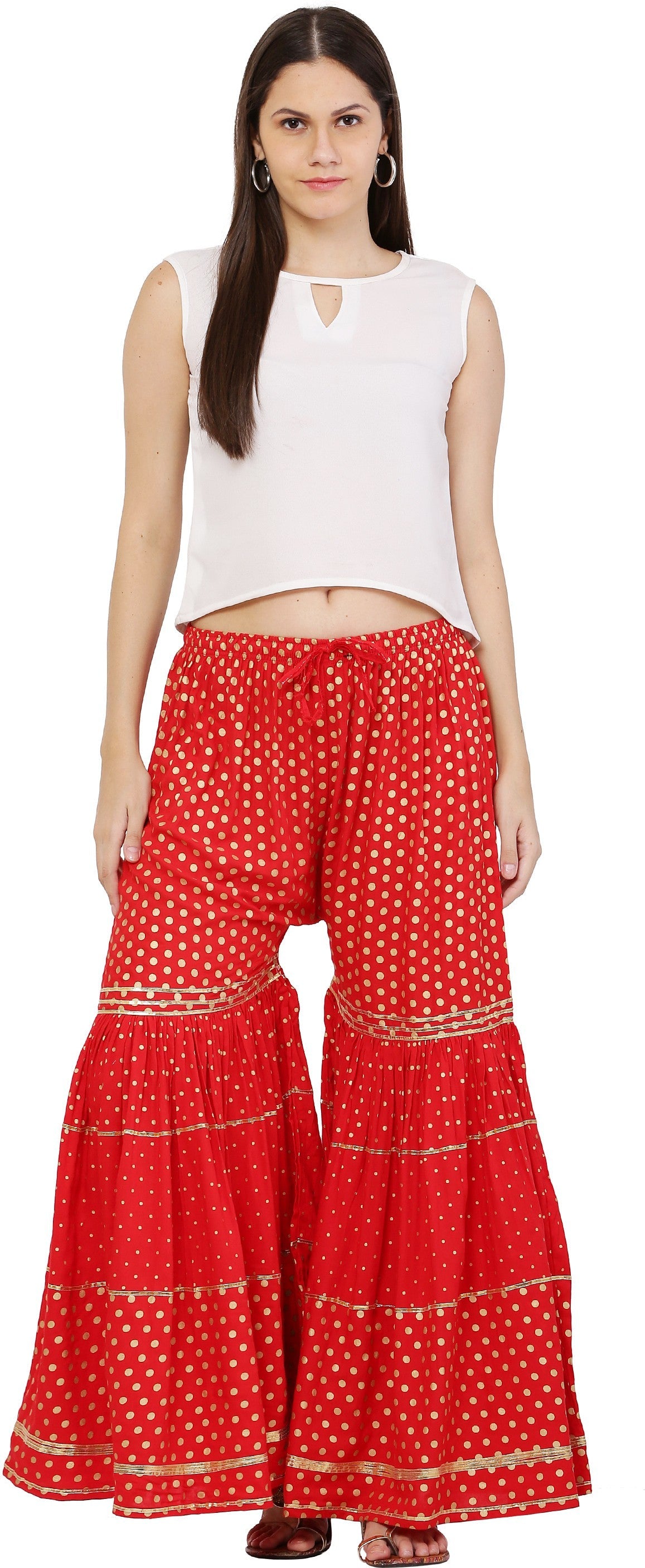 PAVONINE Red Color 3-Panels Golden Printed Flared Sharara For Women & Girls