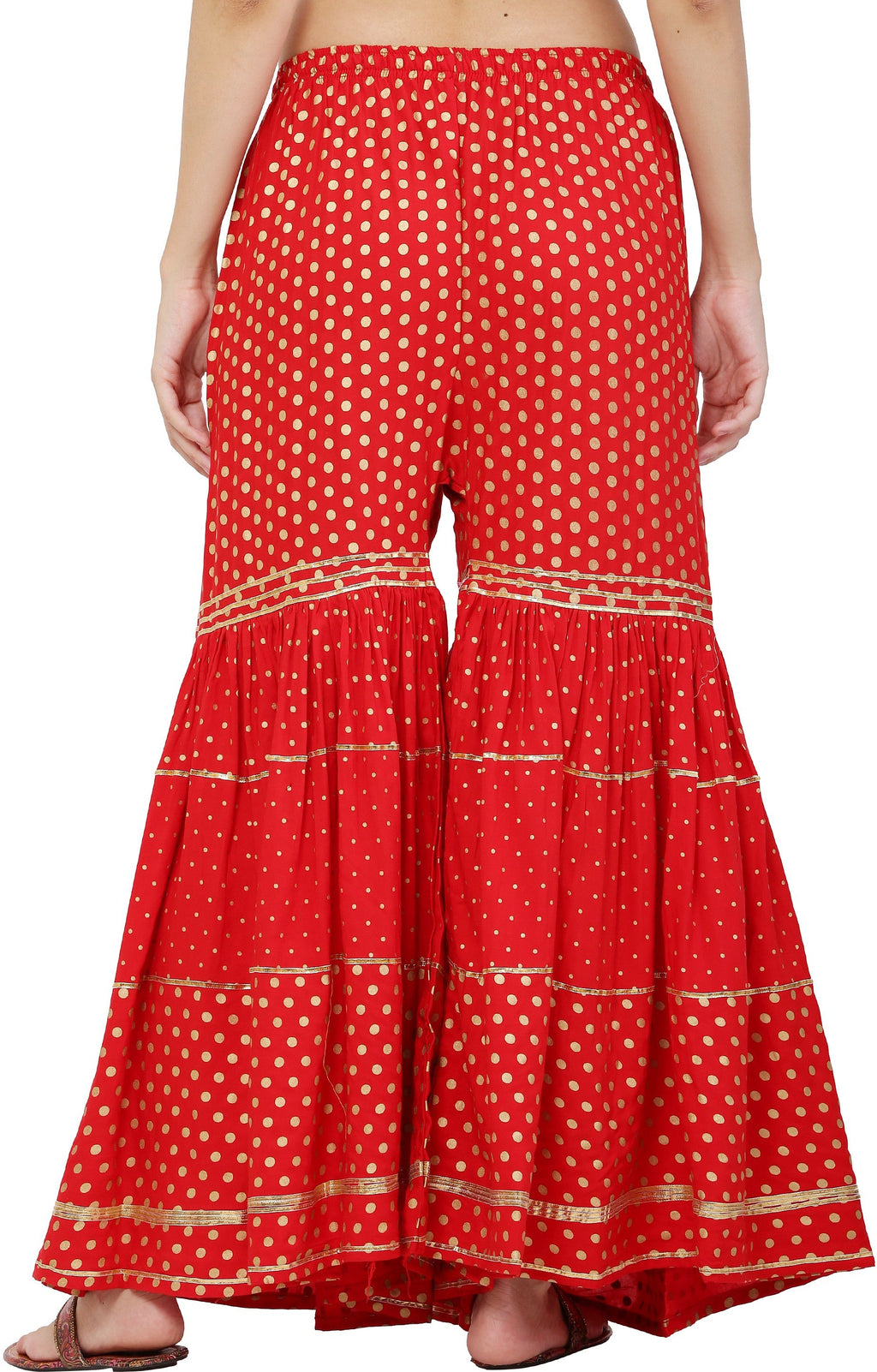 PAVONINE Red Color 3-Panels Golden Printed Flared Sharara For Women & Girls