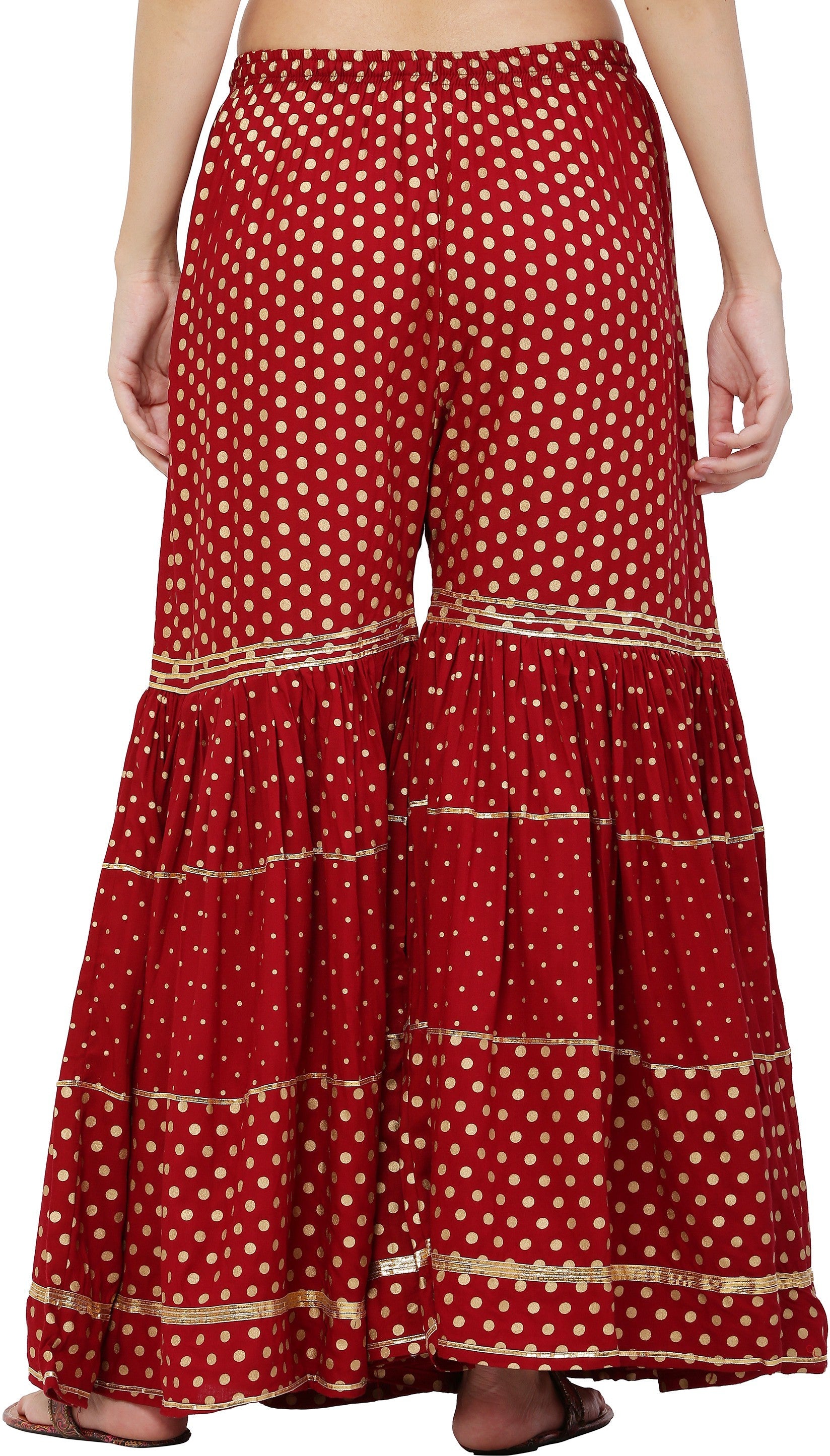 PAVONINE Maroon Color 3-Panels Golden Printed Flared Sharara For Women & Girls