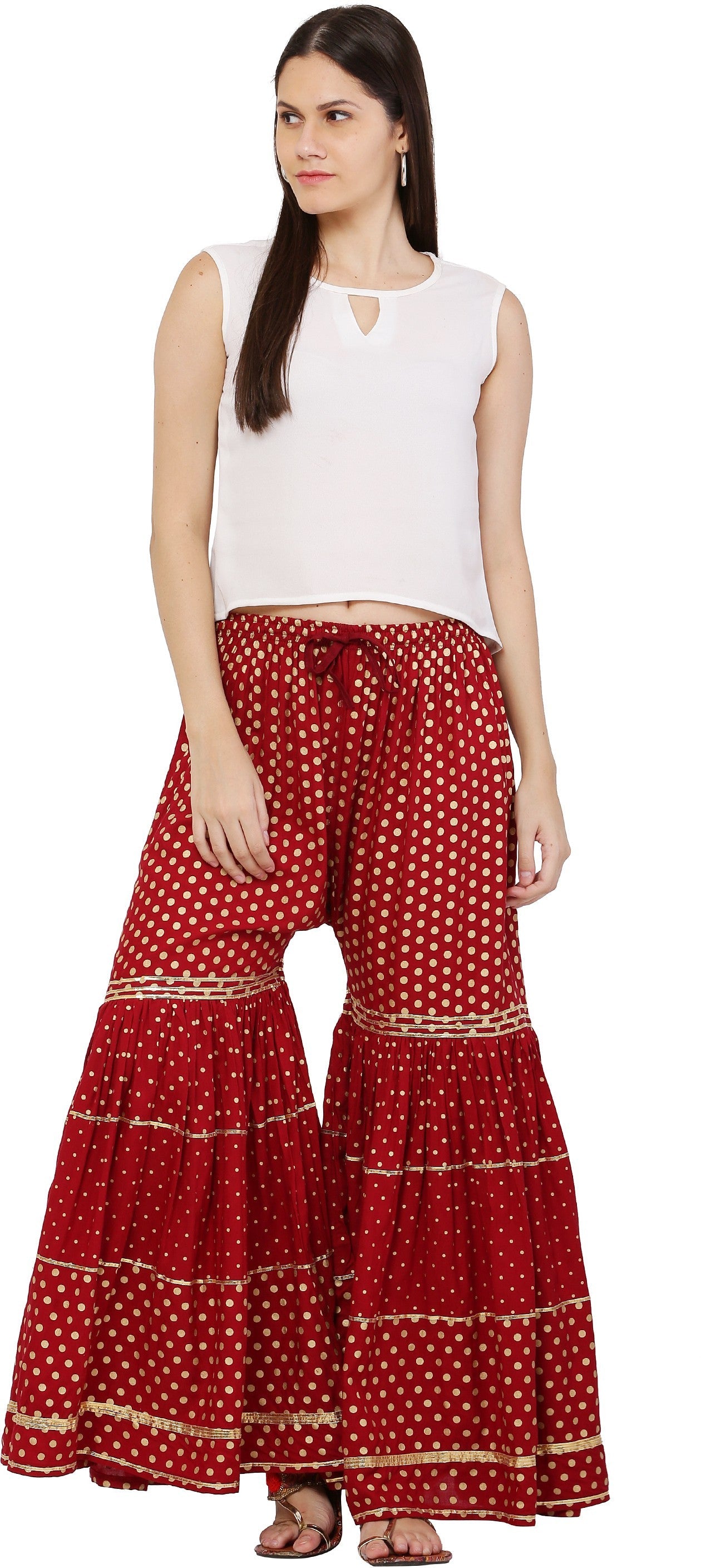 PAVONINE Maroon Color 3-Panels Golden Printed Flared Sharara For Women & Girls