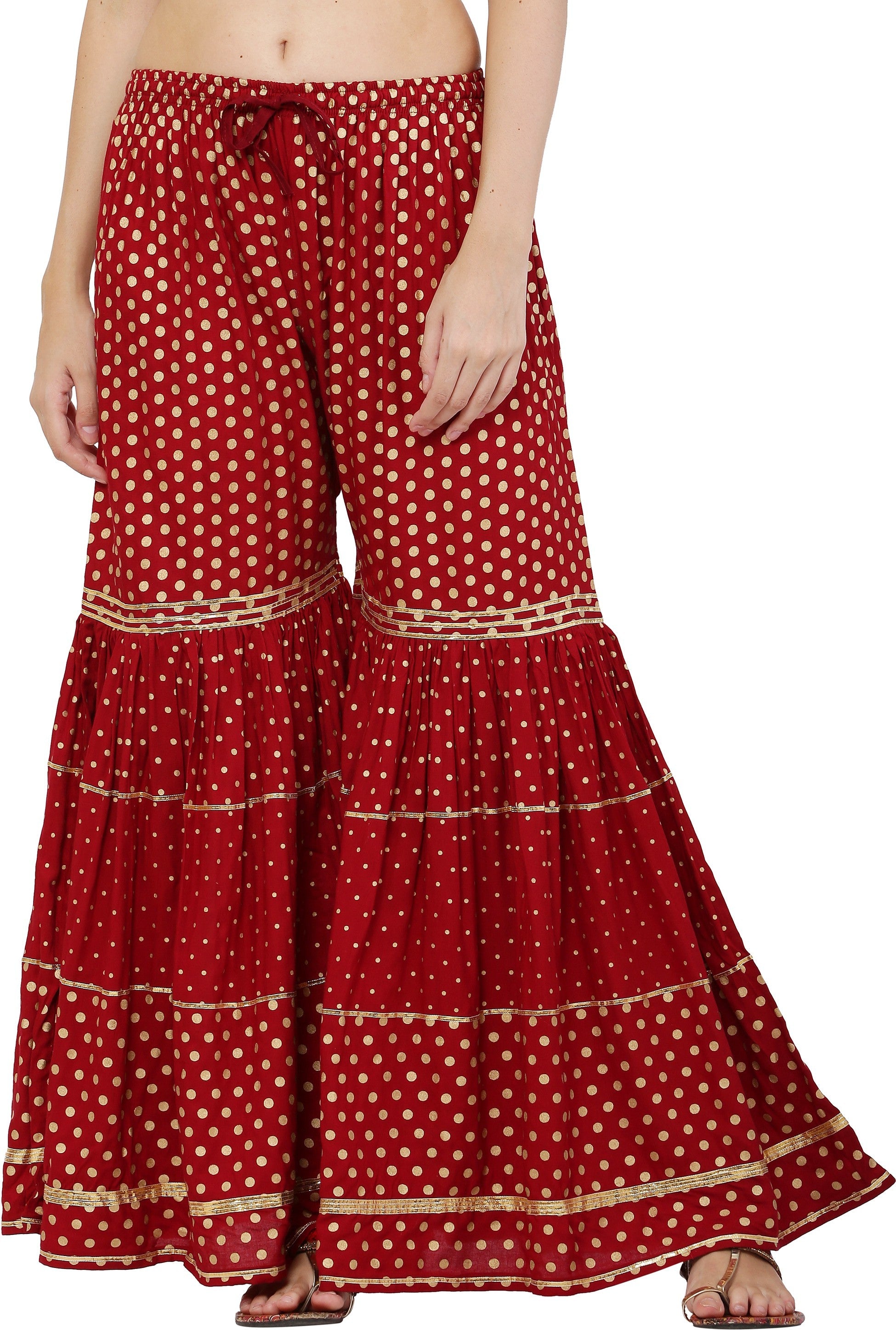 PAVONINE Maroon Color 3-Panels Golden Printed Flared Sharara For Women & Girls