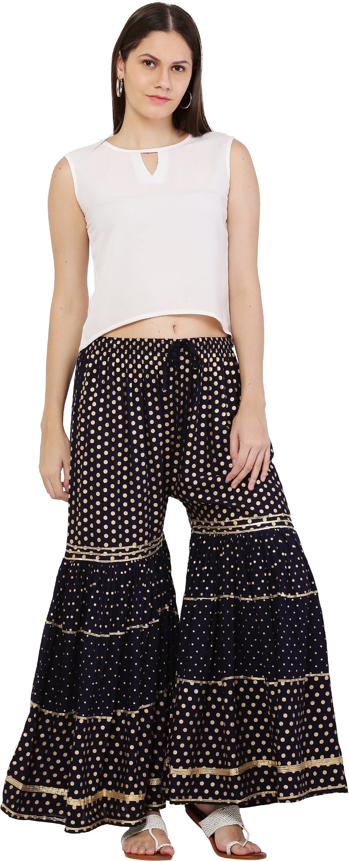 PAVONINE Black Color 3-Panels Golden Printed Flared Sharara For Women & Girls