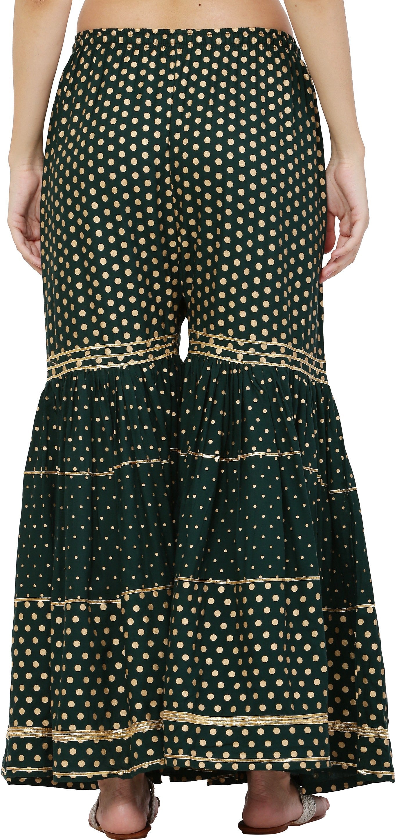 PAVONINE Bottle Green Color 3-Panels Golden Printed Flared Sharara For Women & Girls