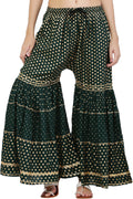PAVONINE Bottle Green Color 3-Panels Golden Printed Flared Sharara For Women & Girls