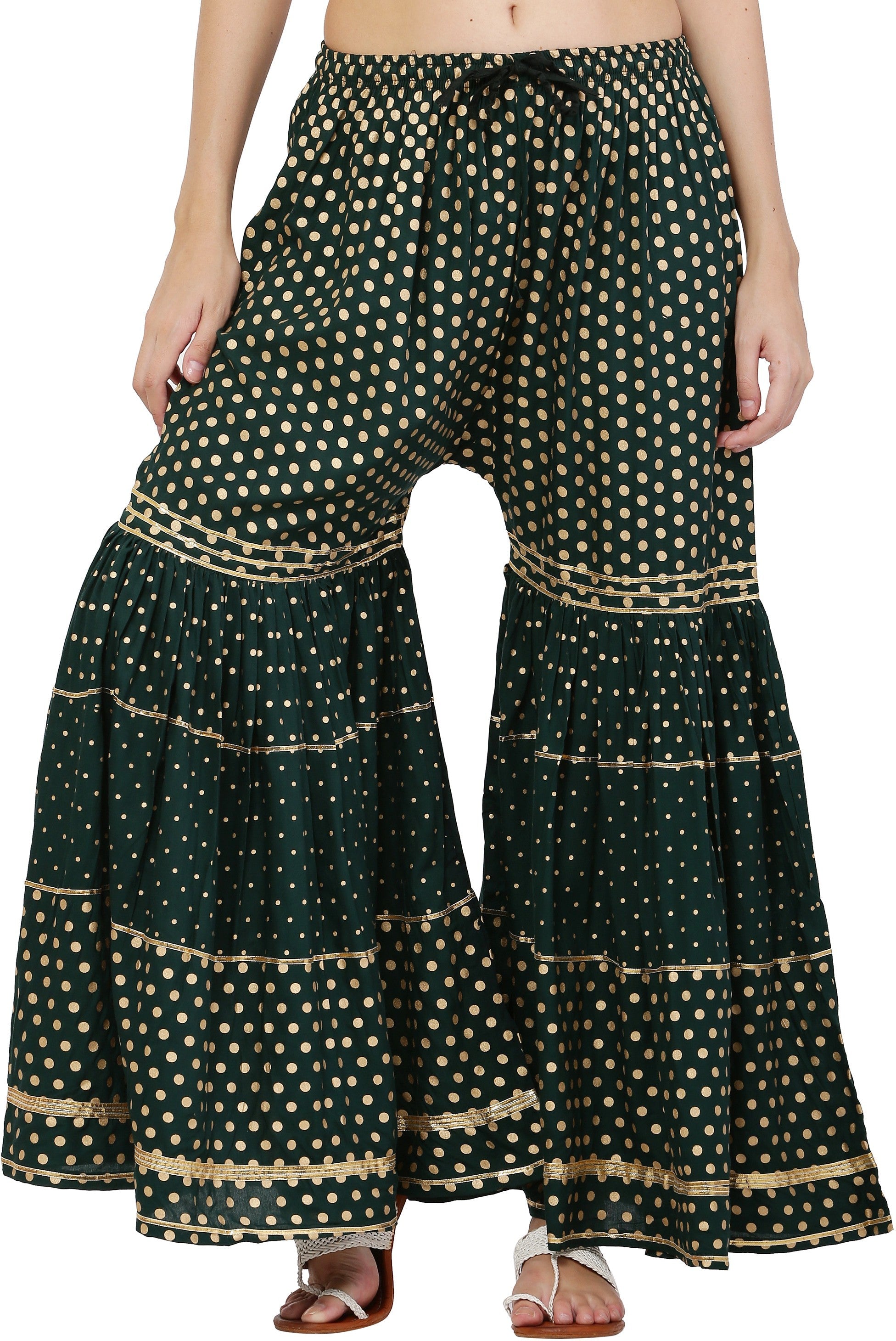 PAVONINE Bottle Green Color 3-Panels Golden Printed Flared Sharara For Women & Girls