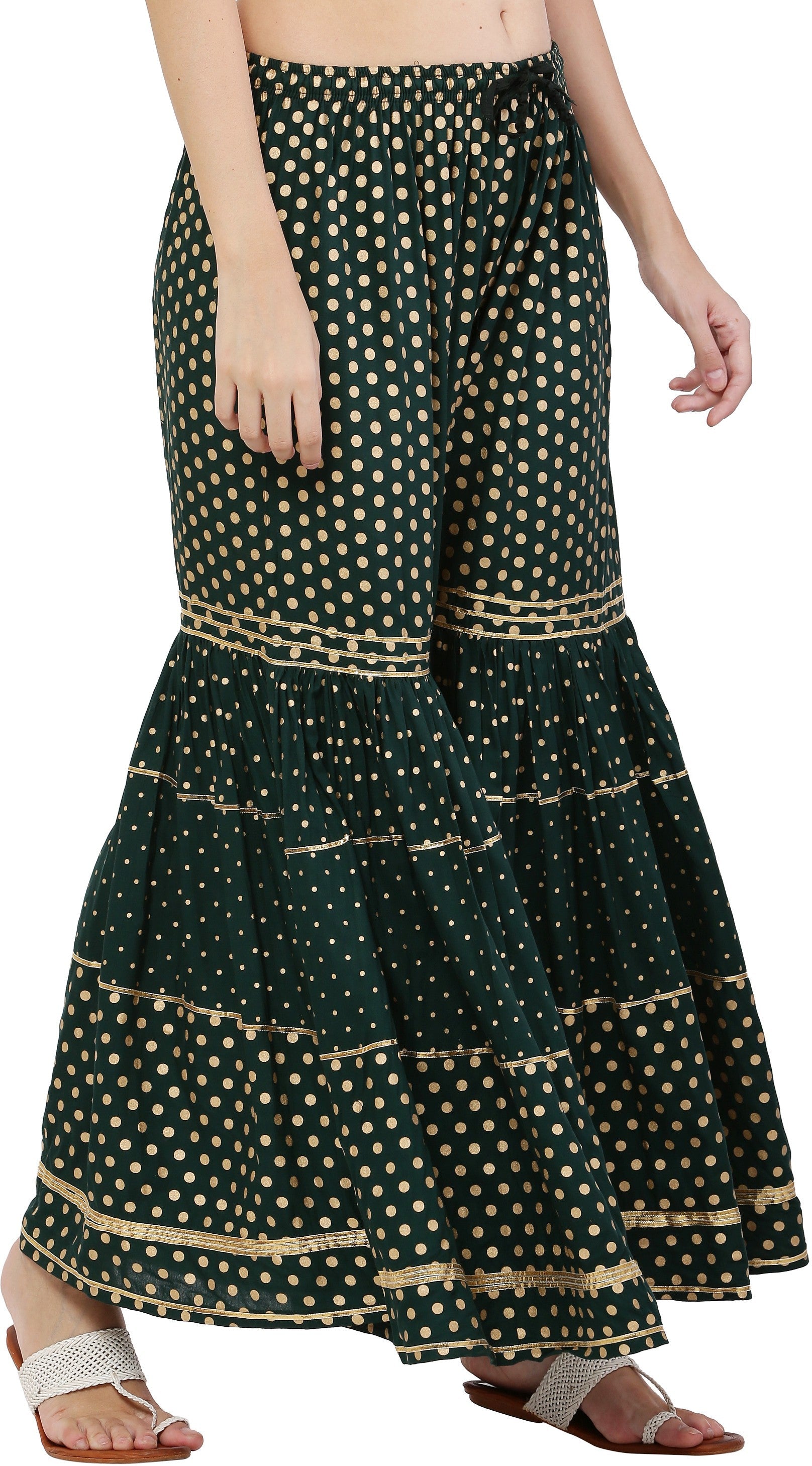 PAVONINE Bottle Green Color 3-Panels Golden Printed Flared Sharara For Women & Girls