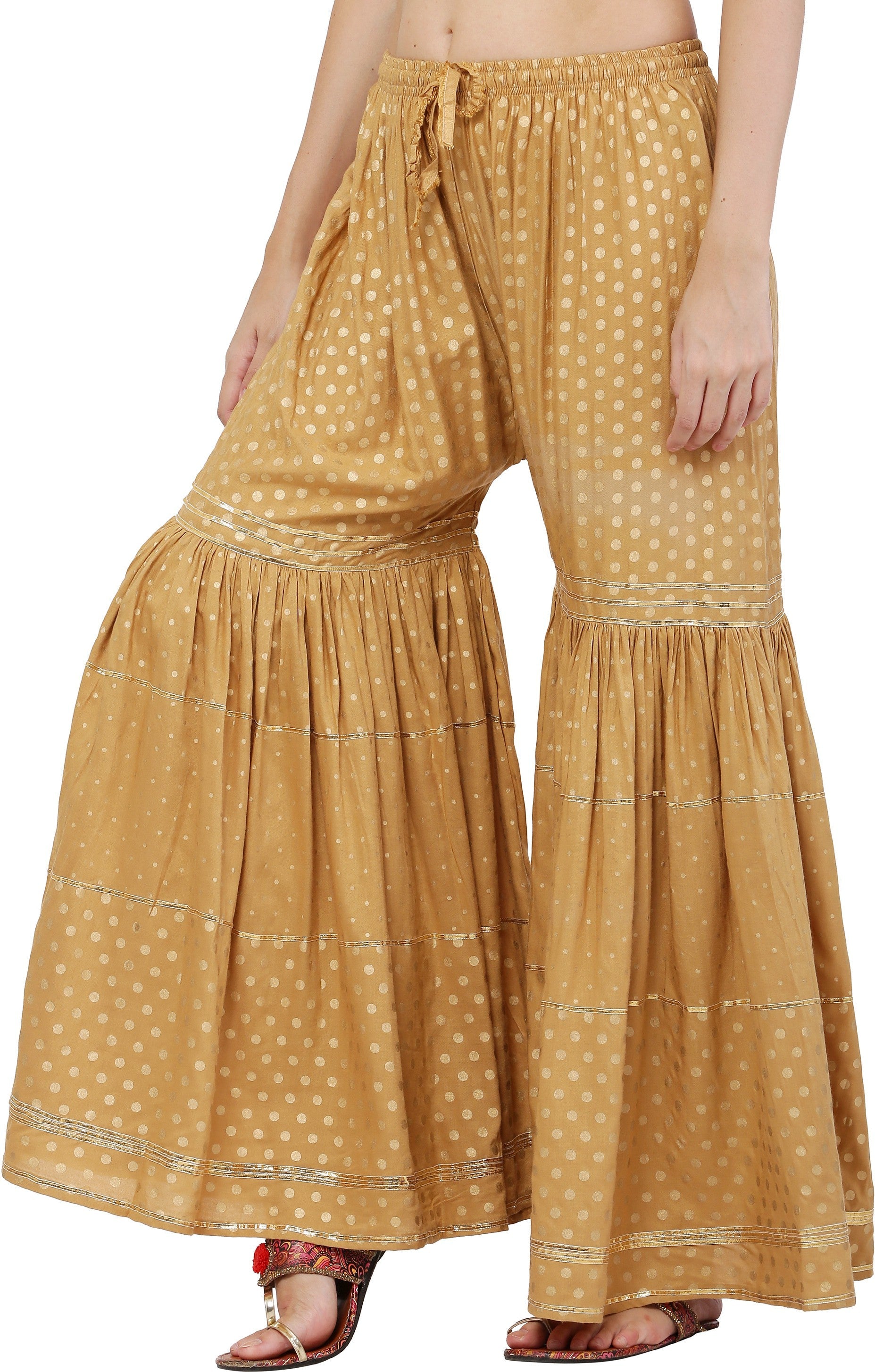 PAVONINE Beige Color 3-Panels Golden Printed Flared Sharara For Women & Girls