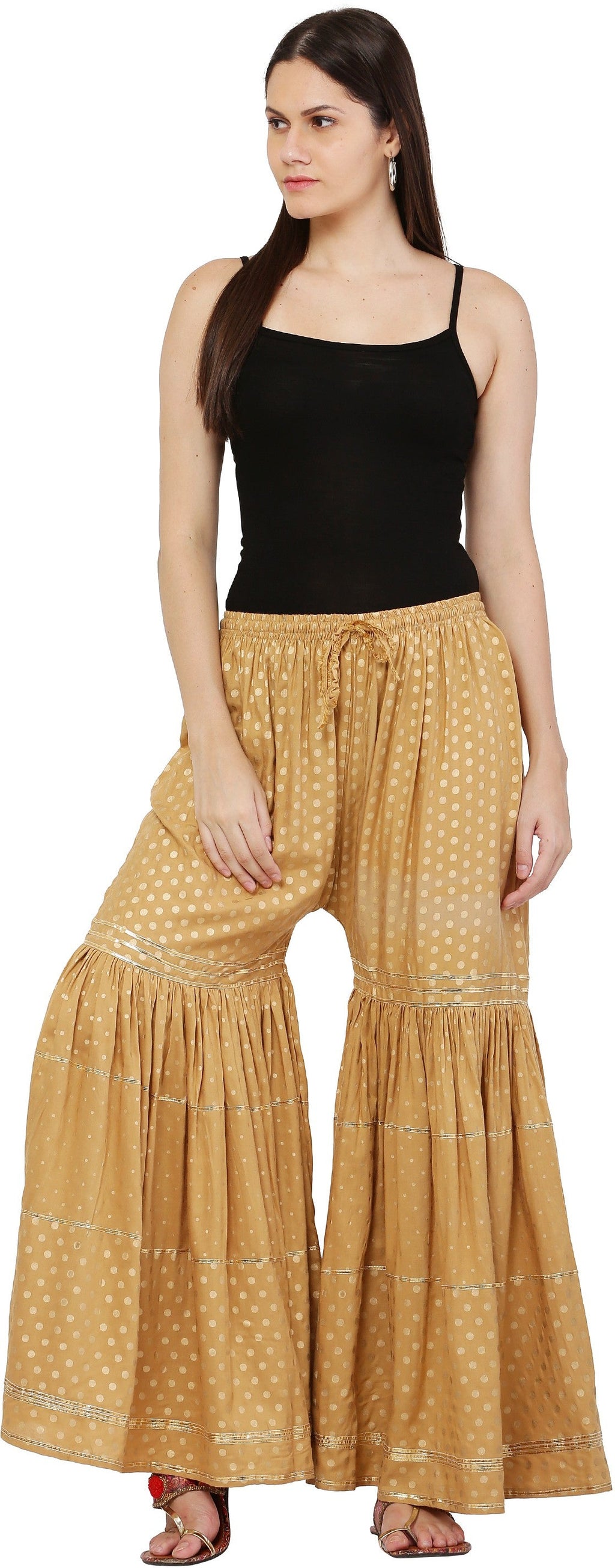 PAVONINE Beige Color 3-Panels Golden Printed Flared Sharara For Women & Girls