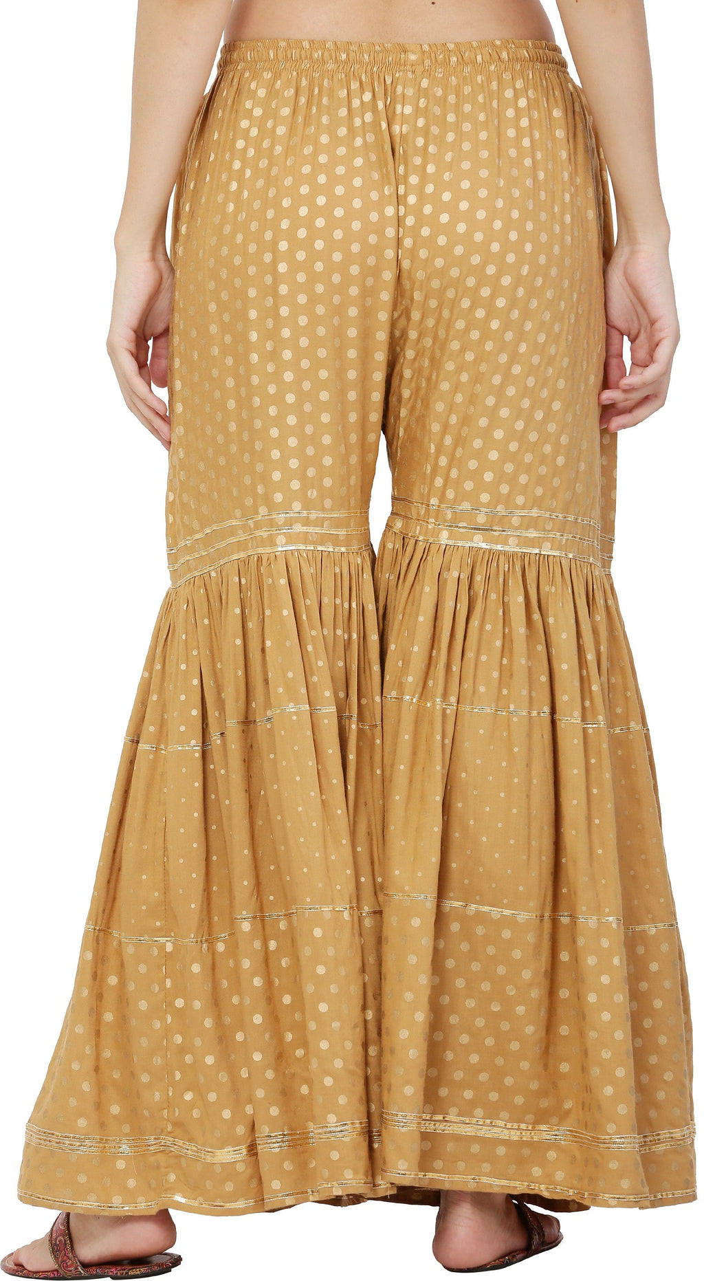 PAVONINE Beige Color 3-Panels Golden Printed Flared Sharara For Women & Girls