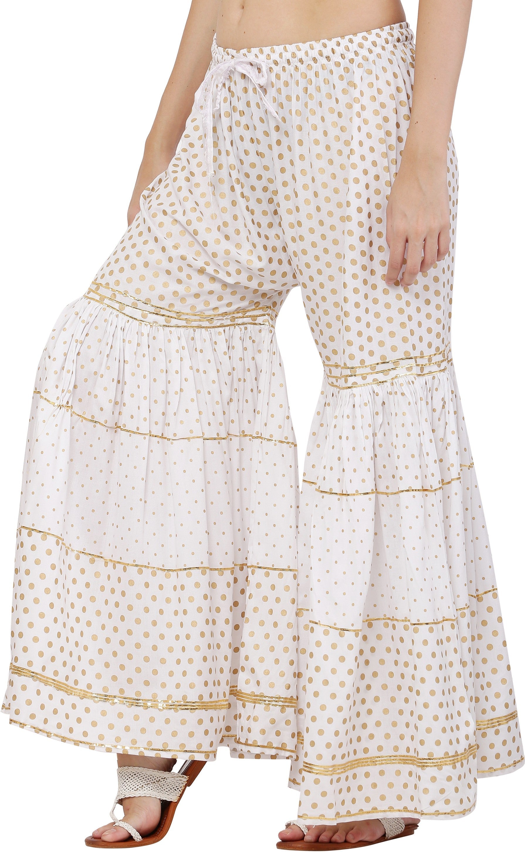 PAVONINE White Color 3-Panels Golden Printed Flared Sharara For Women & Girls