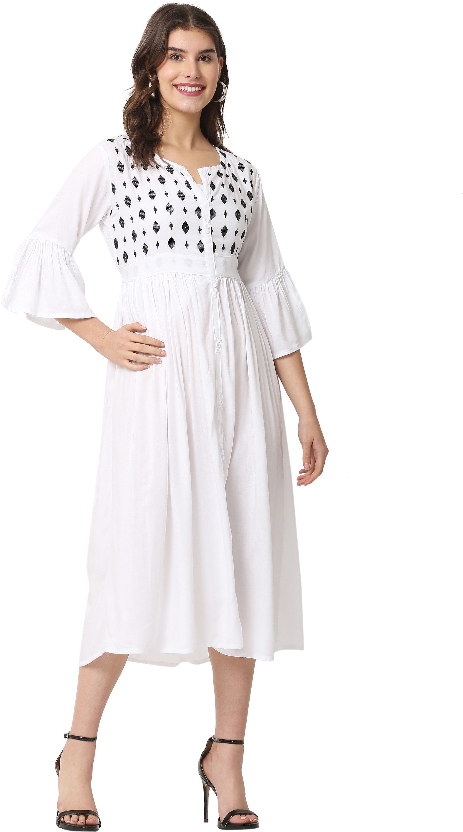 PAVONINE White Color Embroidery Work With Button Dress For Women