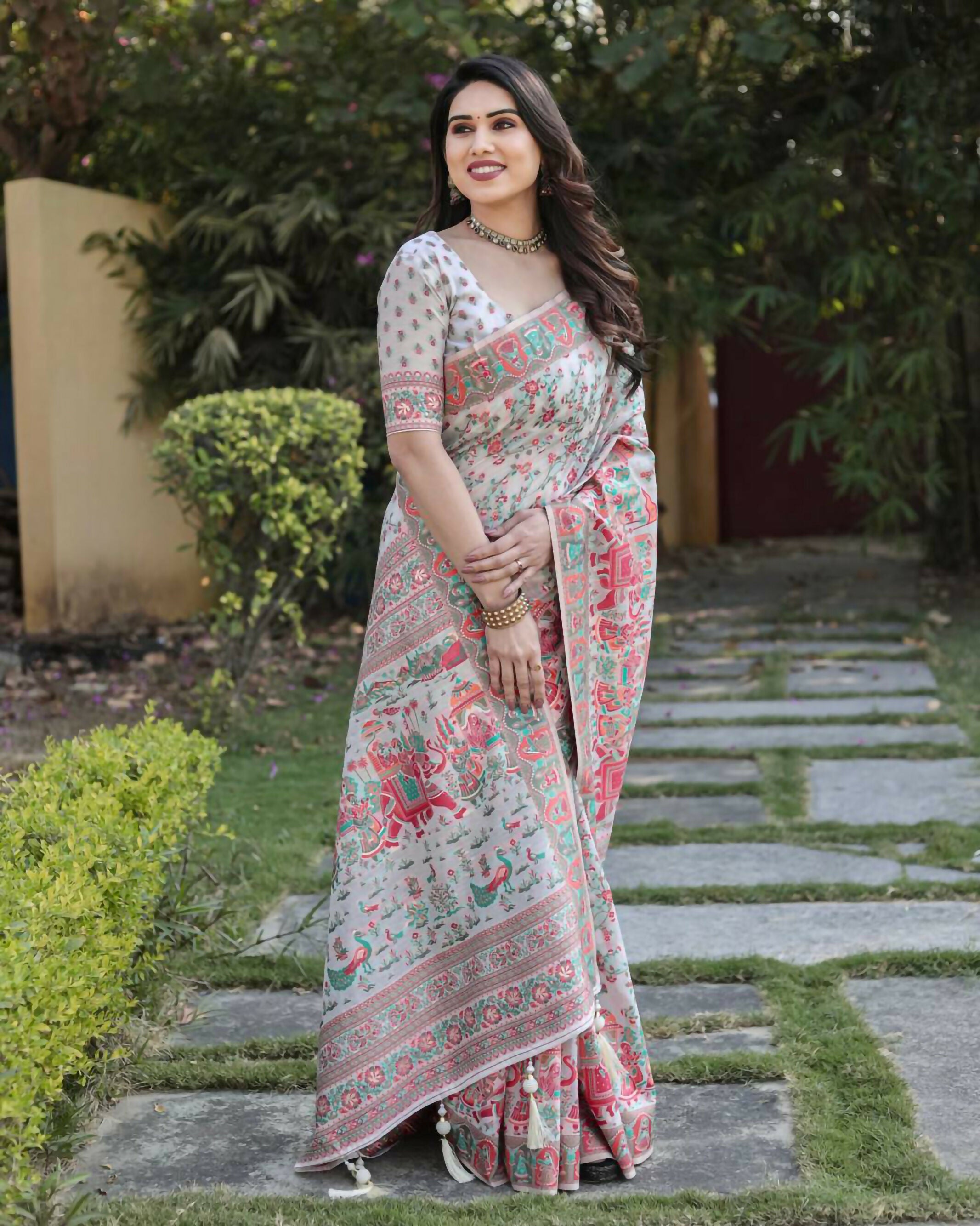 Vastranavya Luxury and Beautiful Soft, Smooth, Flowing Original Pashmina Soft Cotton Saree with Matching Blouse Fabric - Off White