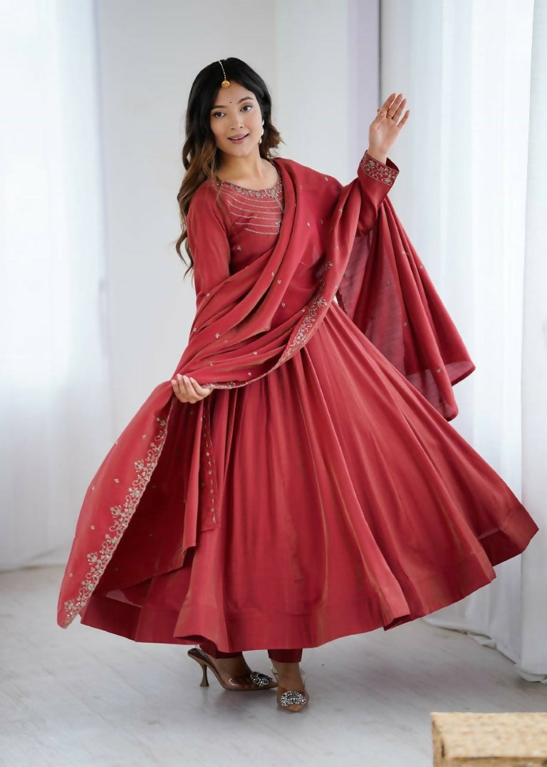 Teeya Creation Brown Color Pure Roman Silk Party Wear Designer Gown