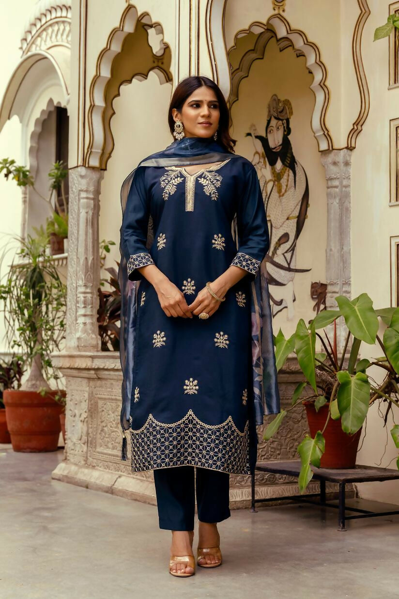 The52 Navy Blue Women's Beautiful Viscose Chanderi Fabric Thread Work Straight Kurta Pant and Dupatta Set