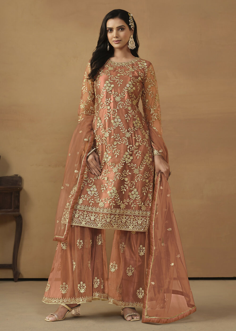Tangy Brown Net Embroidered Wedding Festive Gharara Suit - Emponline