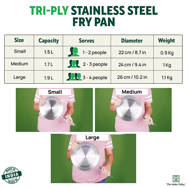The Indus Valley TurboCuk Tri-ply Stainless Steel Fry Pan, Premium Quality, 3 Layer Thick Body, 100% Toxin-free, Non-stick, Induction & Gas,Spatula, 22/24/26 cm, 1.5/1.7/1.9L