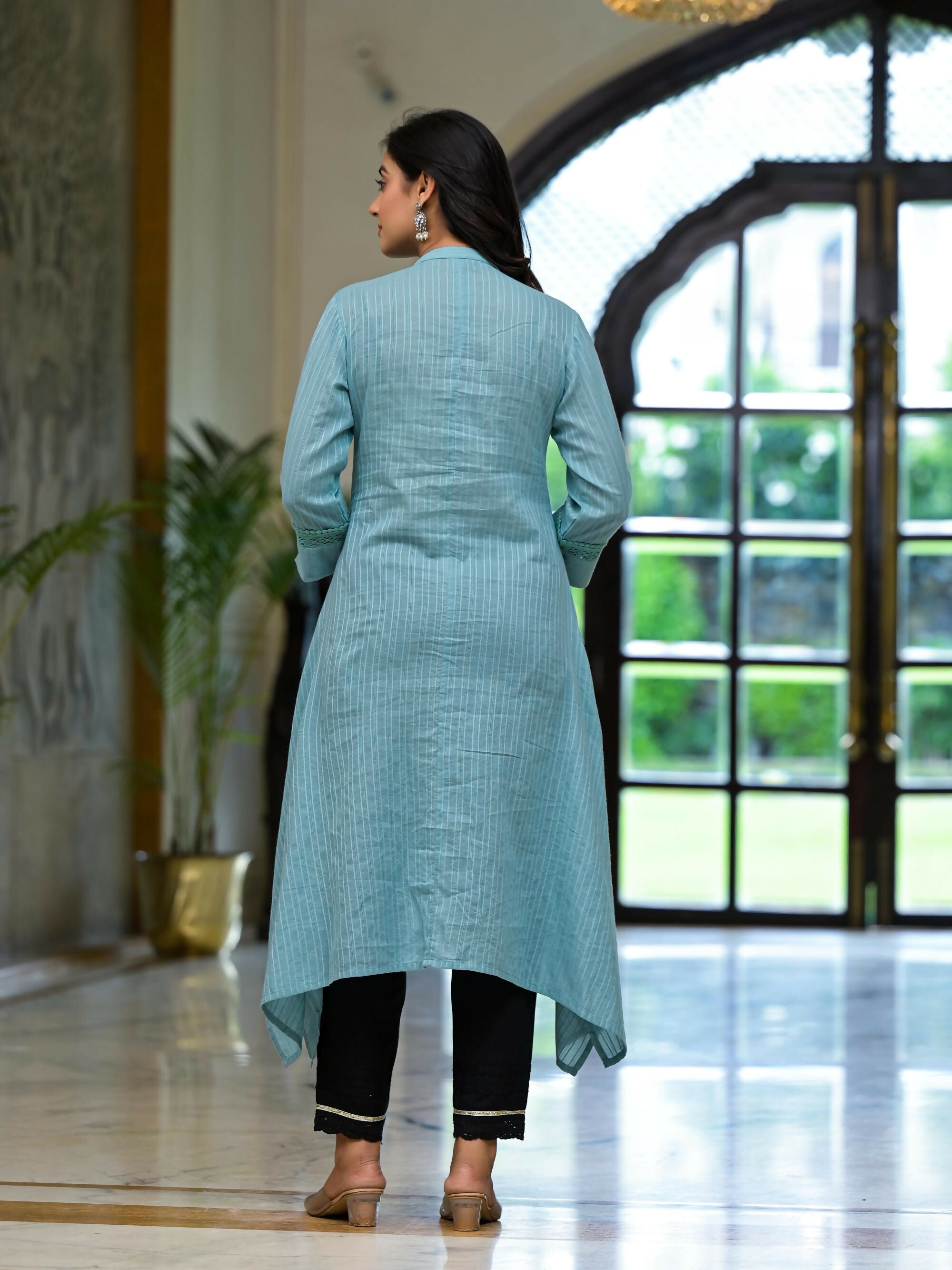 Juniper Women's Sky Blue Thread Embroidered Cotton Asymmetrical Kurta With Button Closure