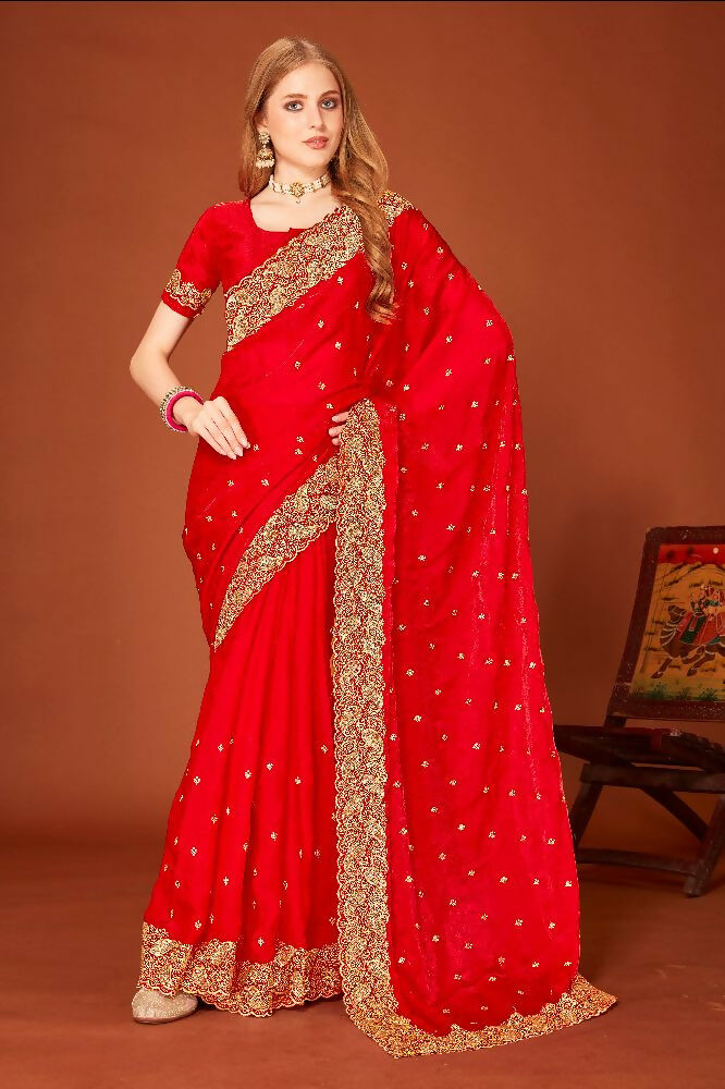 PR Fashion Red Fendi Two Tone Silk Heavy Zari Embroidery Work With Heavy Siroski Work Saree
