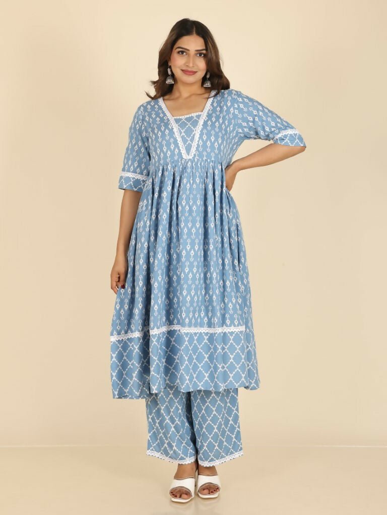 Aramya Blue Rayon Ikat Anarkali Kurta for Women