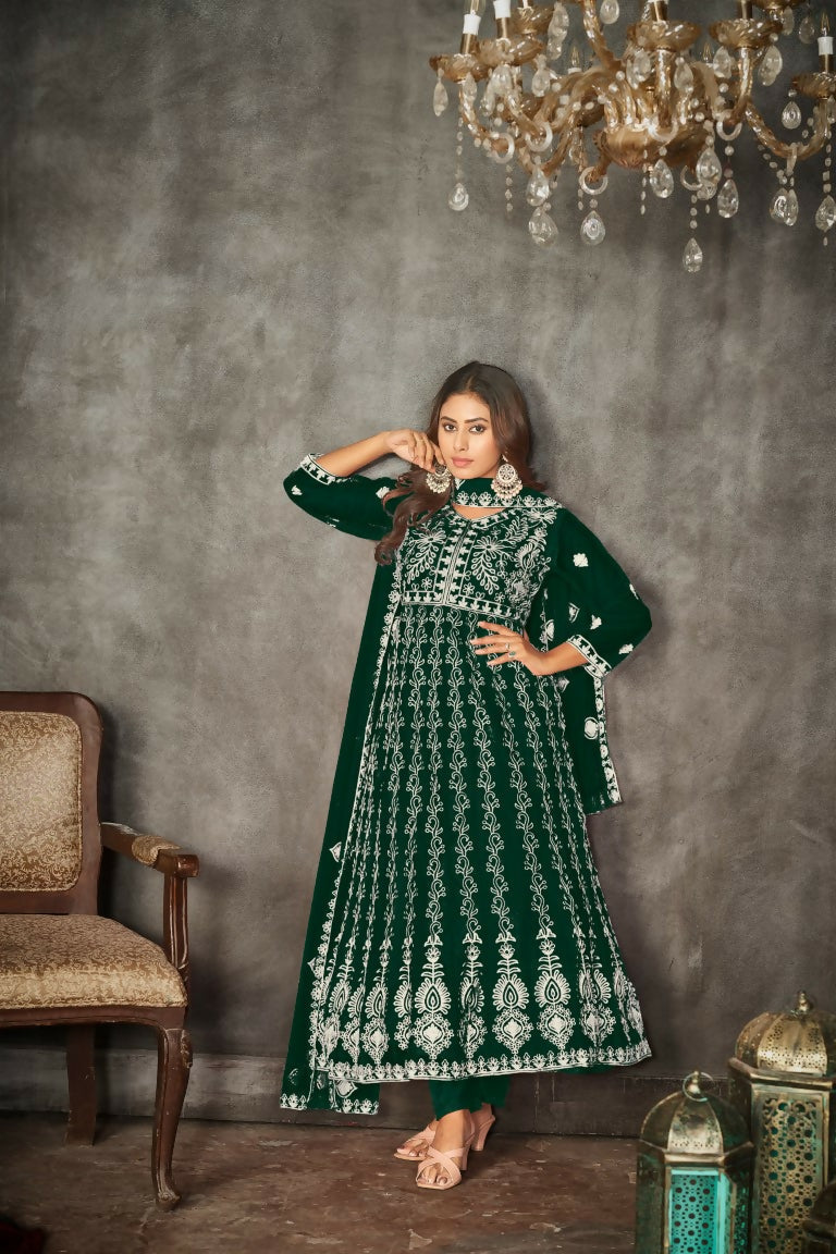 Jyoti Fashion Women's Green Net Embroidered Anarkali Kurta Pant Set With Dupatta