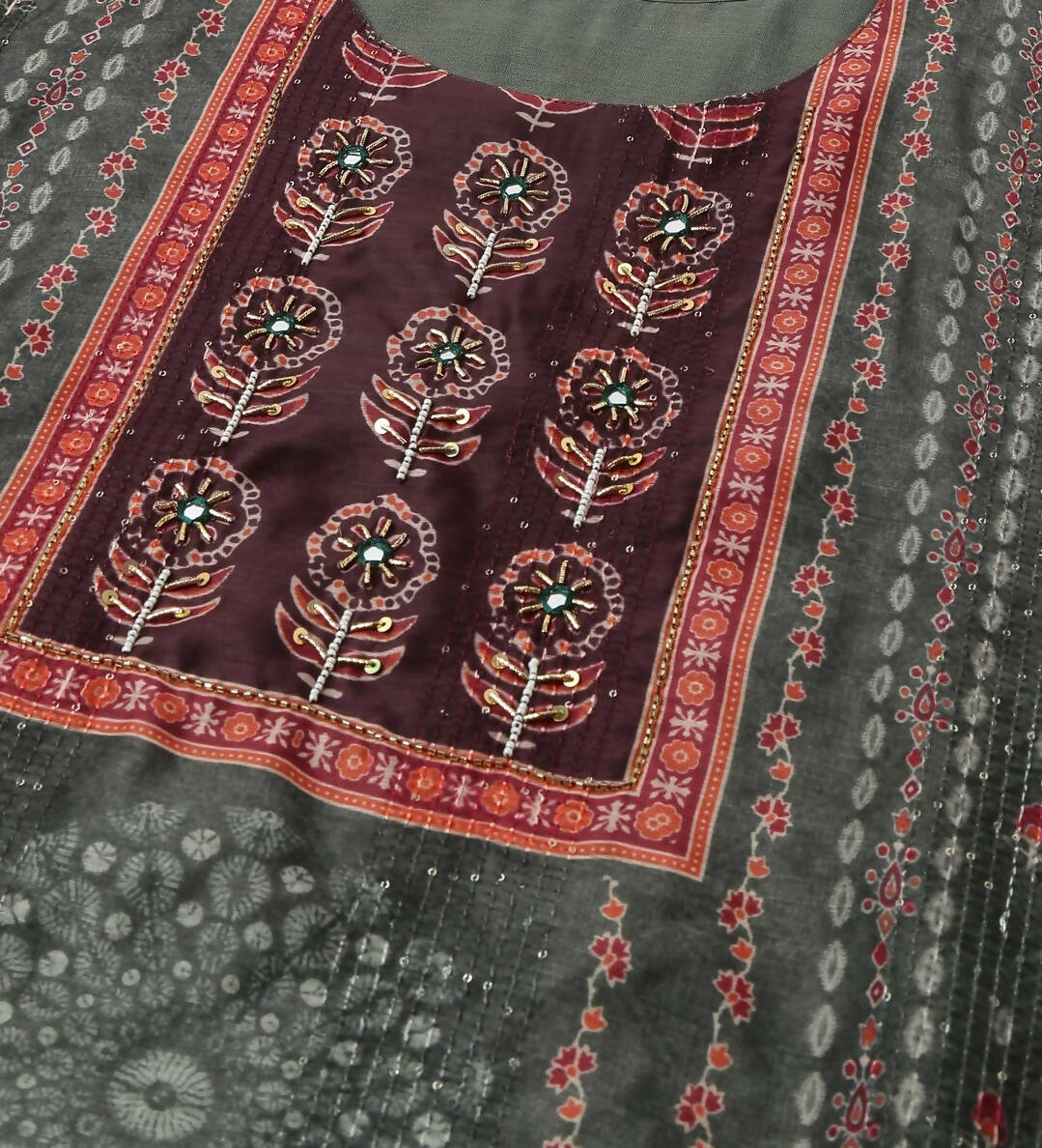 Dark Green Chinon Digital Printed With Hand Work Kurta - Himanshi