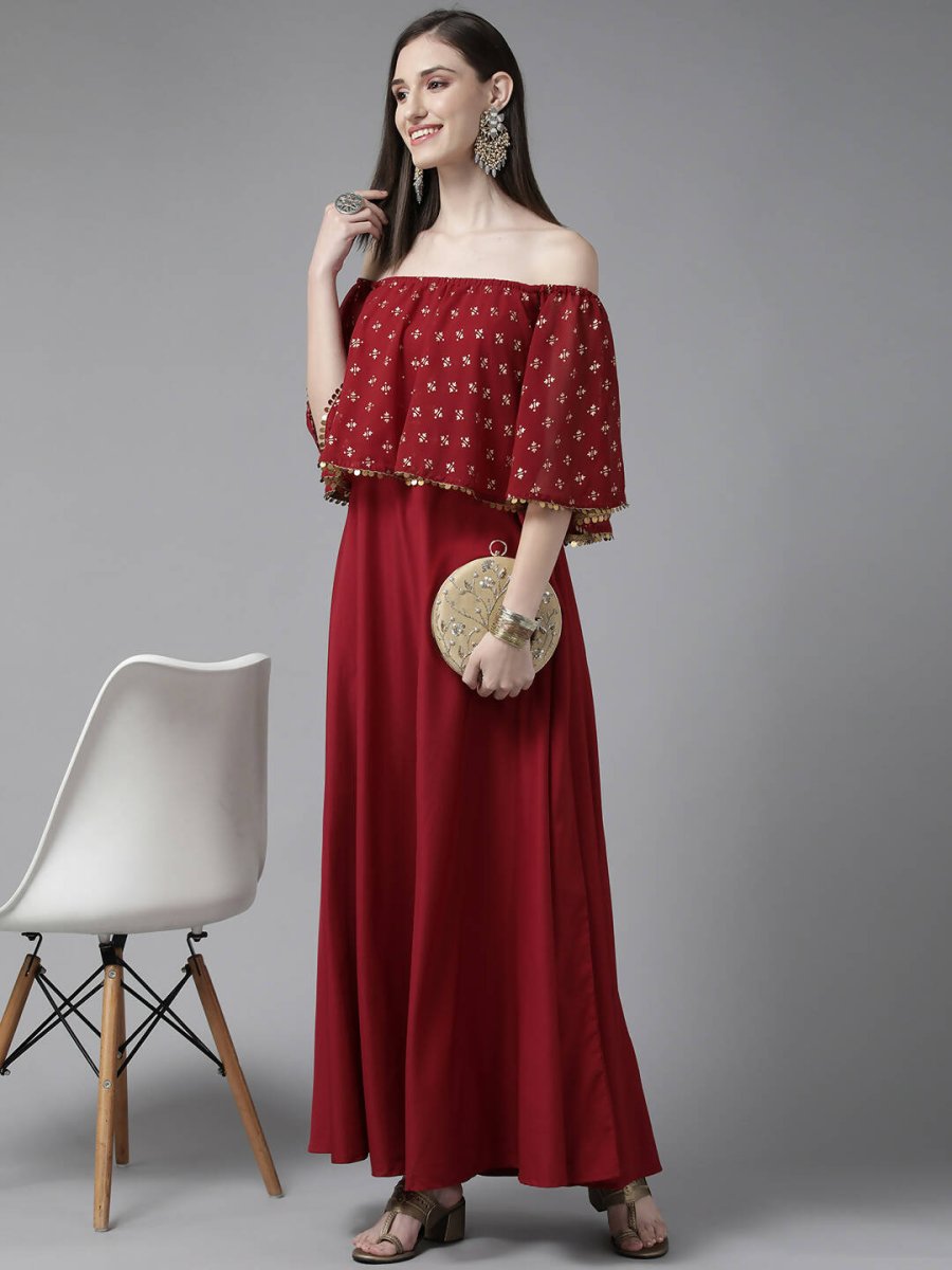 Ahalyaa Womens Maroon Cotton Blend Gold Printed Dress