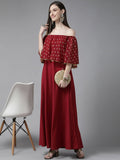 Ahalyaa Womens Maroon Cotton Blend Gold Printed Dress