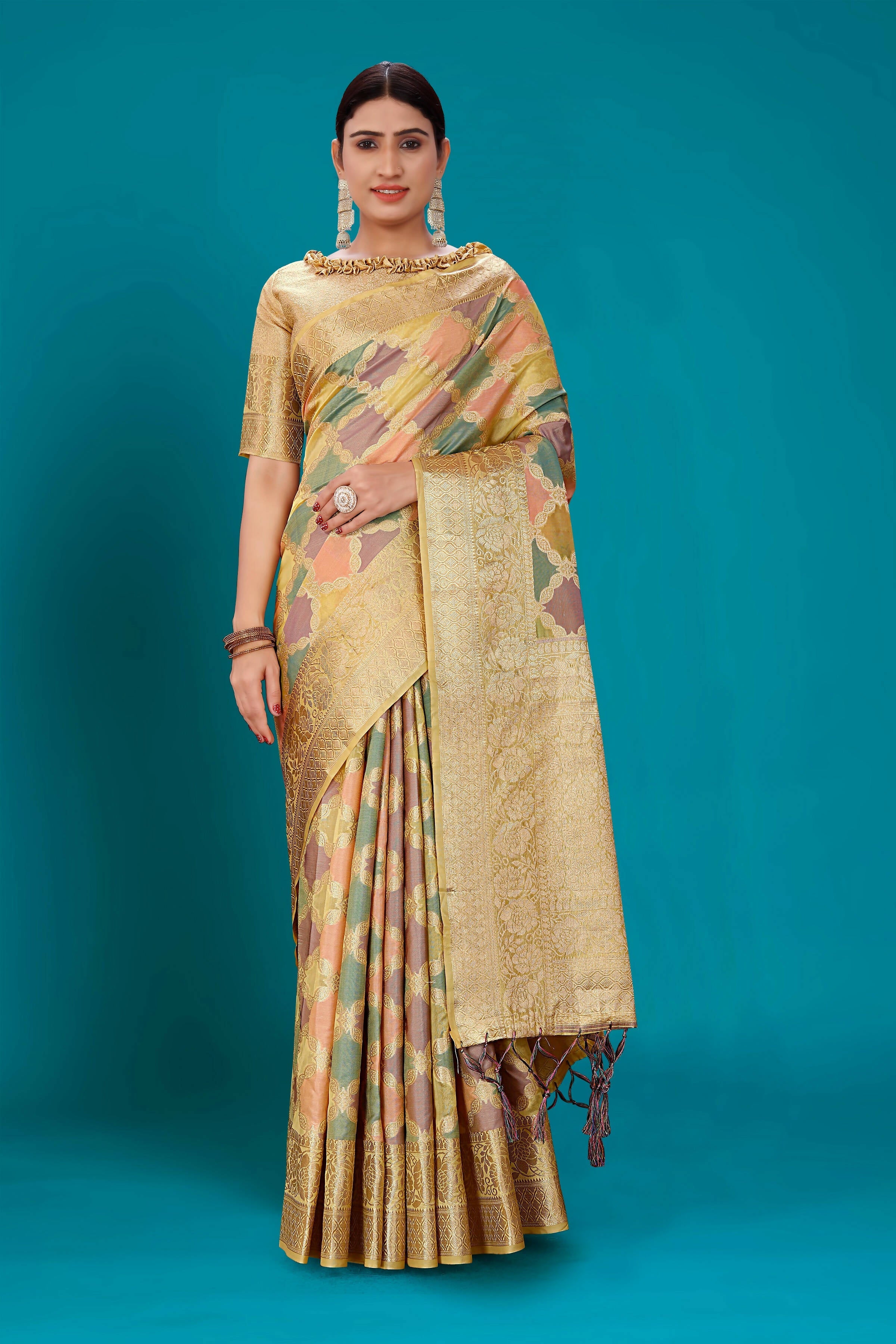 Beige Soft Organza Woven Design Saree with Unstitched Blouse Piece - Zaara