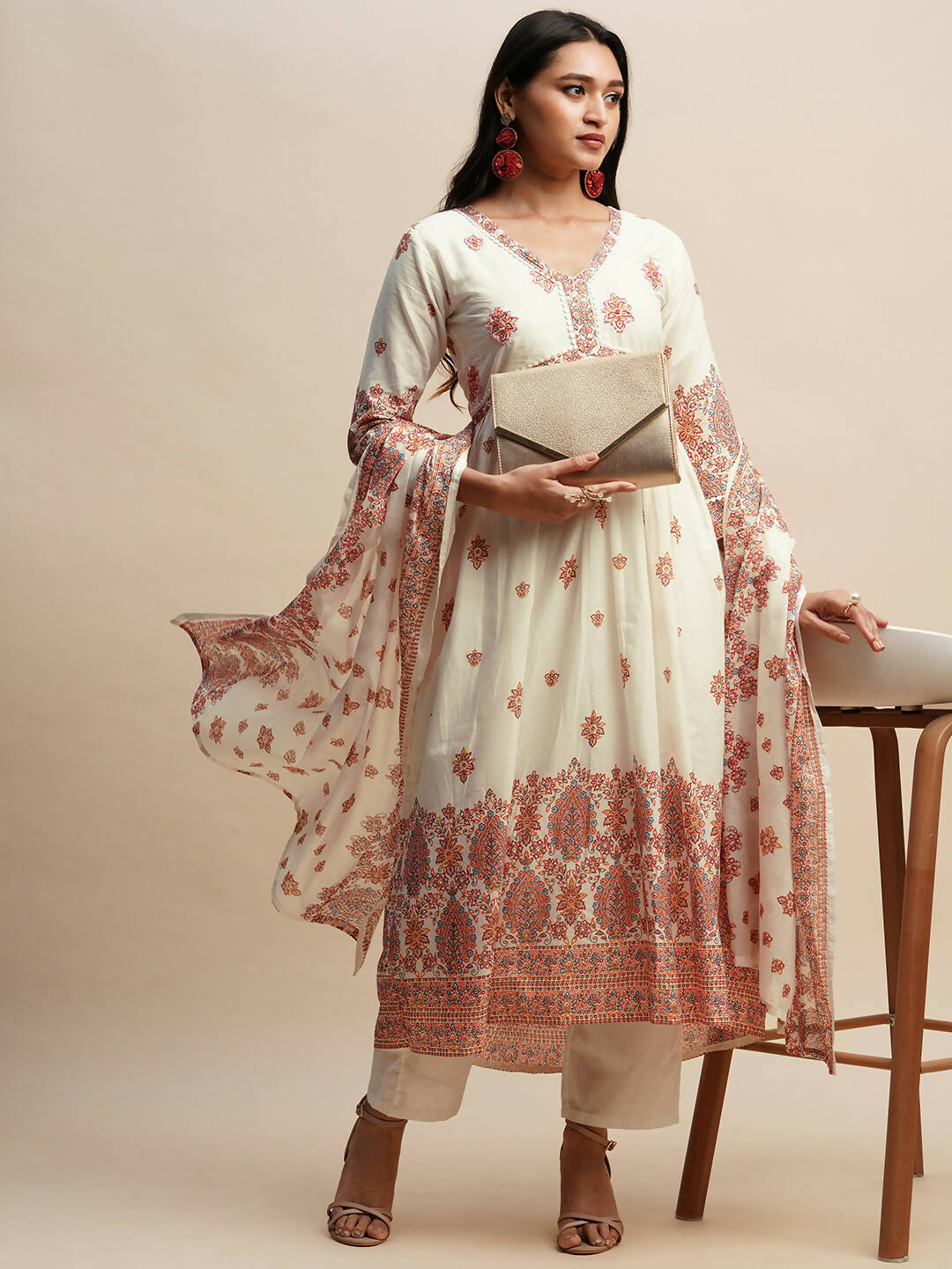 White And Peach Pure Cotton Floral Printed Anarkali Kurta And Bottom With Dupatta - Akashara