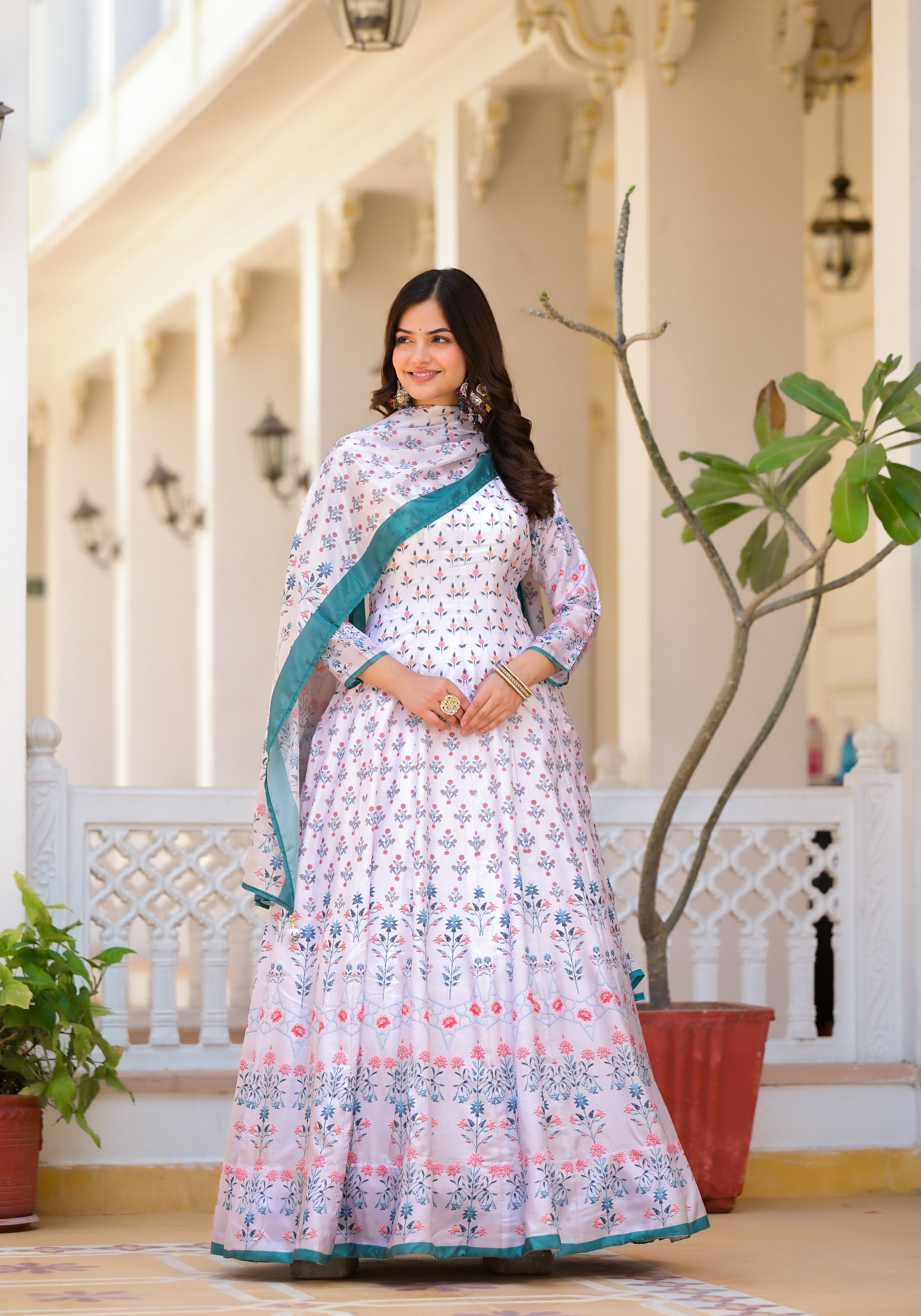 Partywear Designer White Dola Silk Anarkali suit with Dupatta- Samyukta