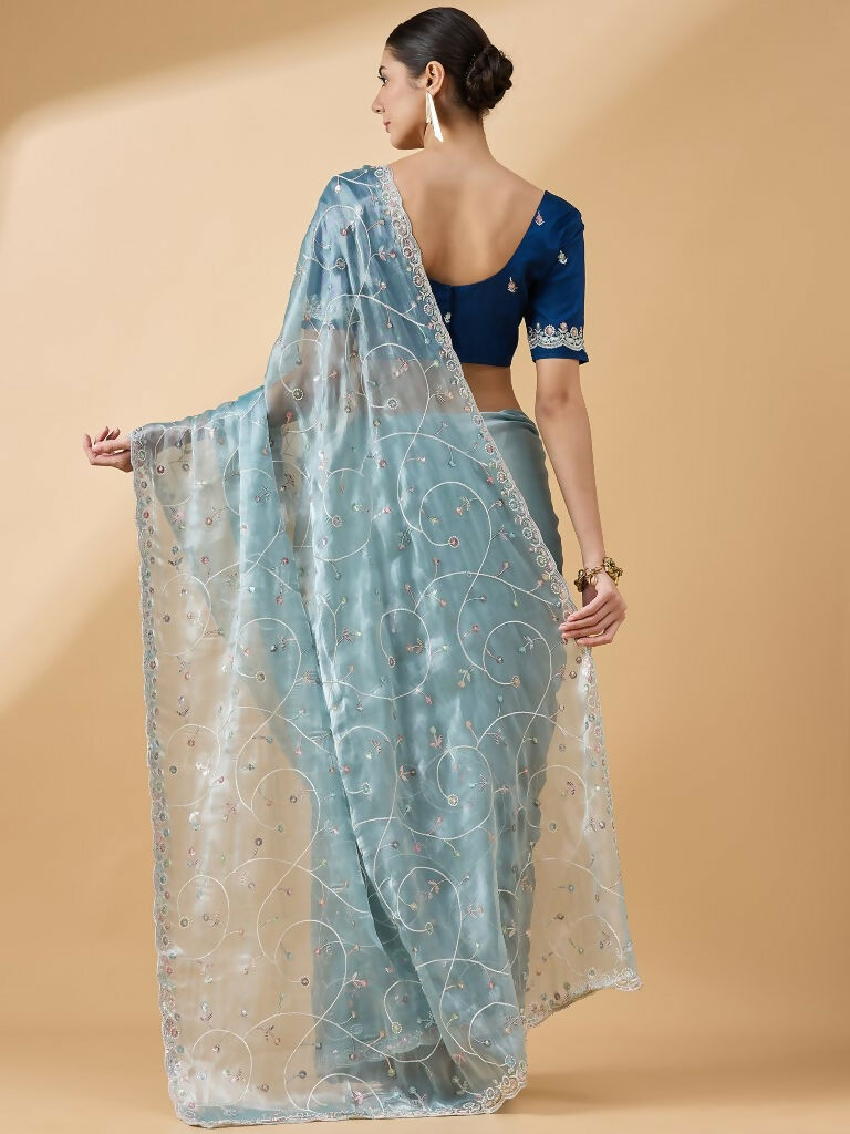 Blue Organza Sequence Embroidered Saree with Unstitched Blouse - Satya