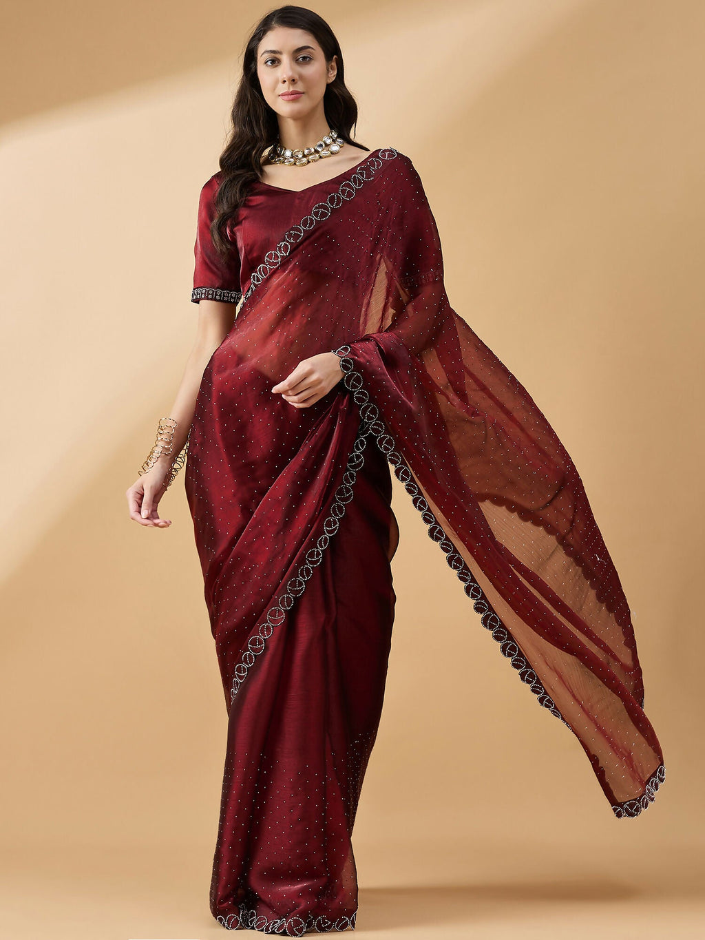 Brown Organza Swaroski Diamond Work Saree with Unstitched Blouse - Radha