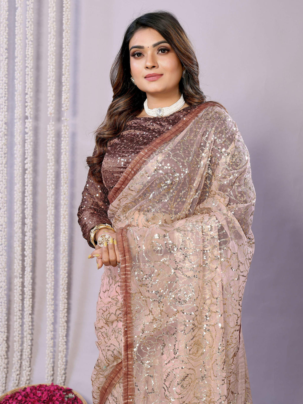 Brown Net Embroidered Saree With Stitched Blouse - Nimaya Kaksha