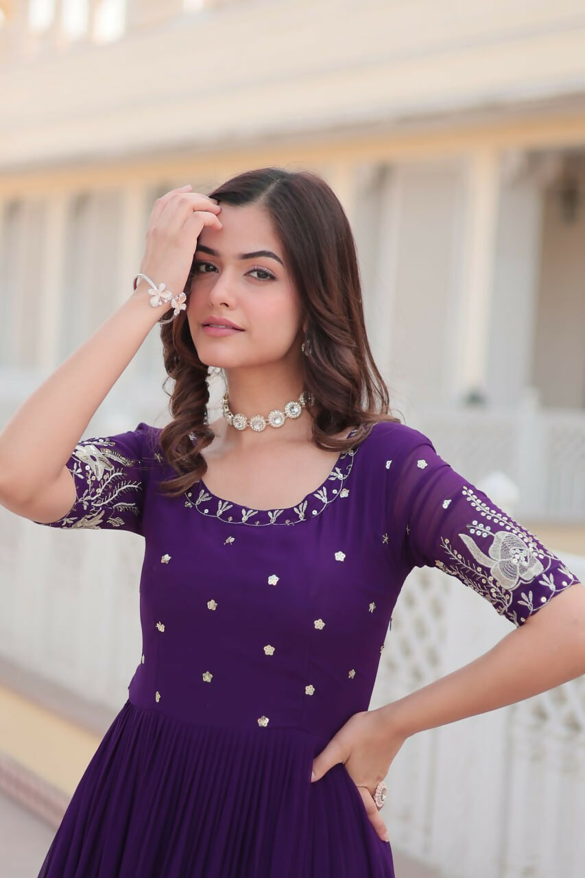 Vastranavya Premium Designer Faux Blooming with Embroidery Zari Sequins work Gown - Purple