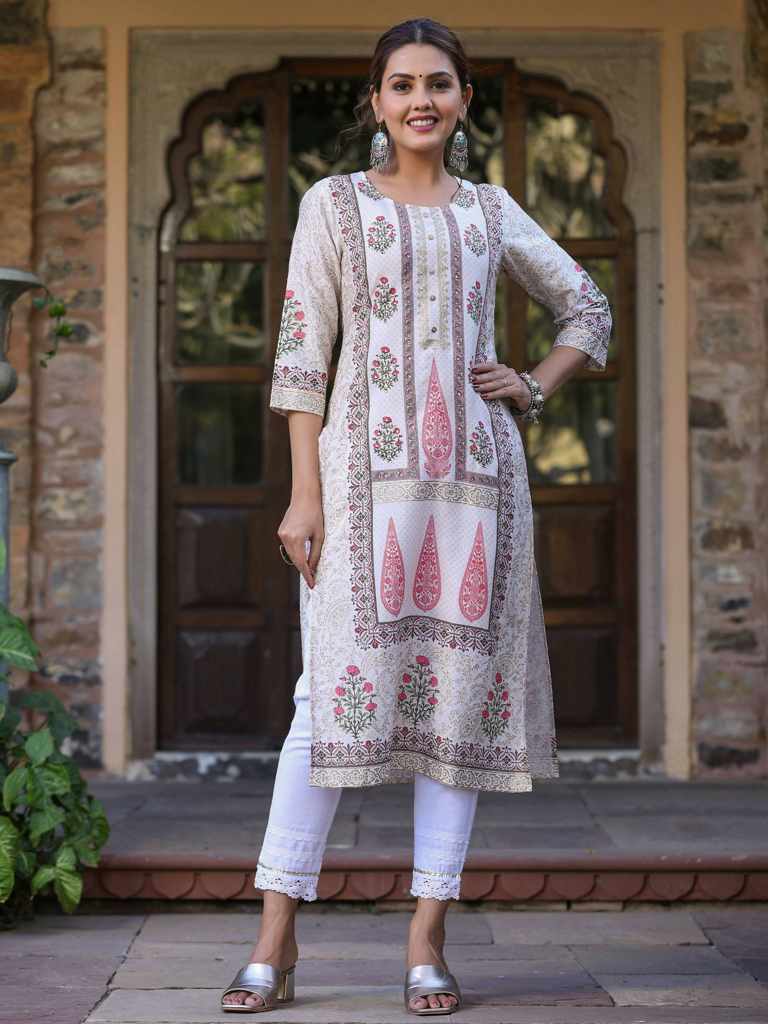 Juniper Women's Pink Viscose Shantoon Festive Printed Straight Kurta