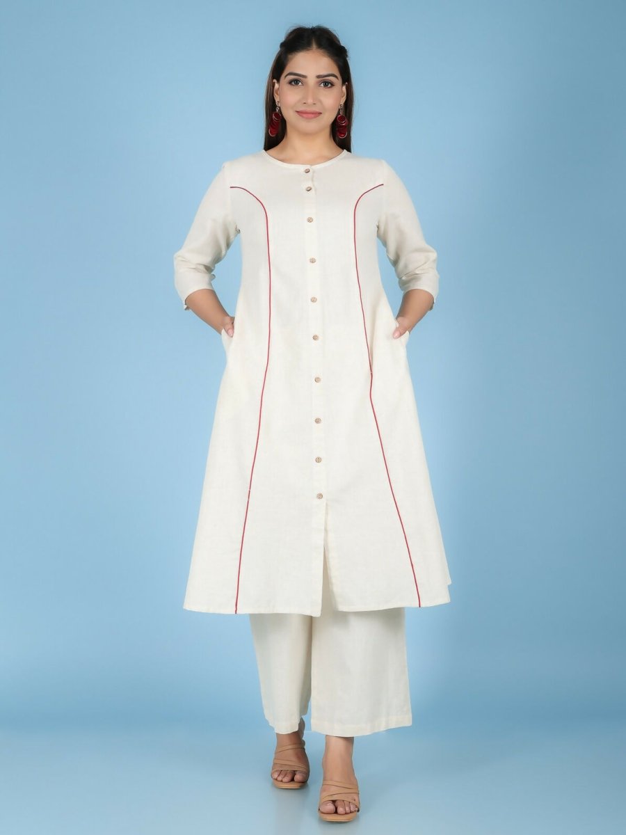Aramya Cream Linen Cotton Solid A-line Kurta for Women