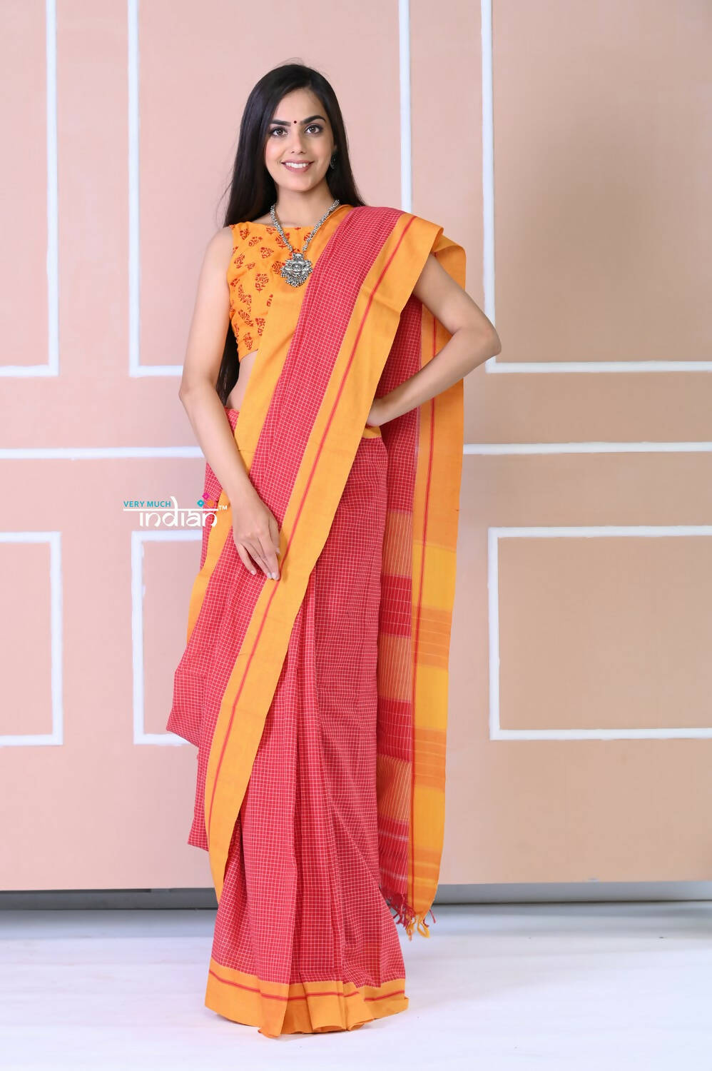 Very Much Indian Traditional Patteda Anchu Ilkal Handloom Saree-Disperse Orange