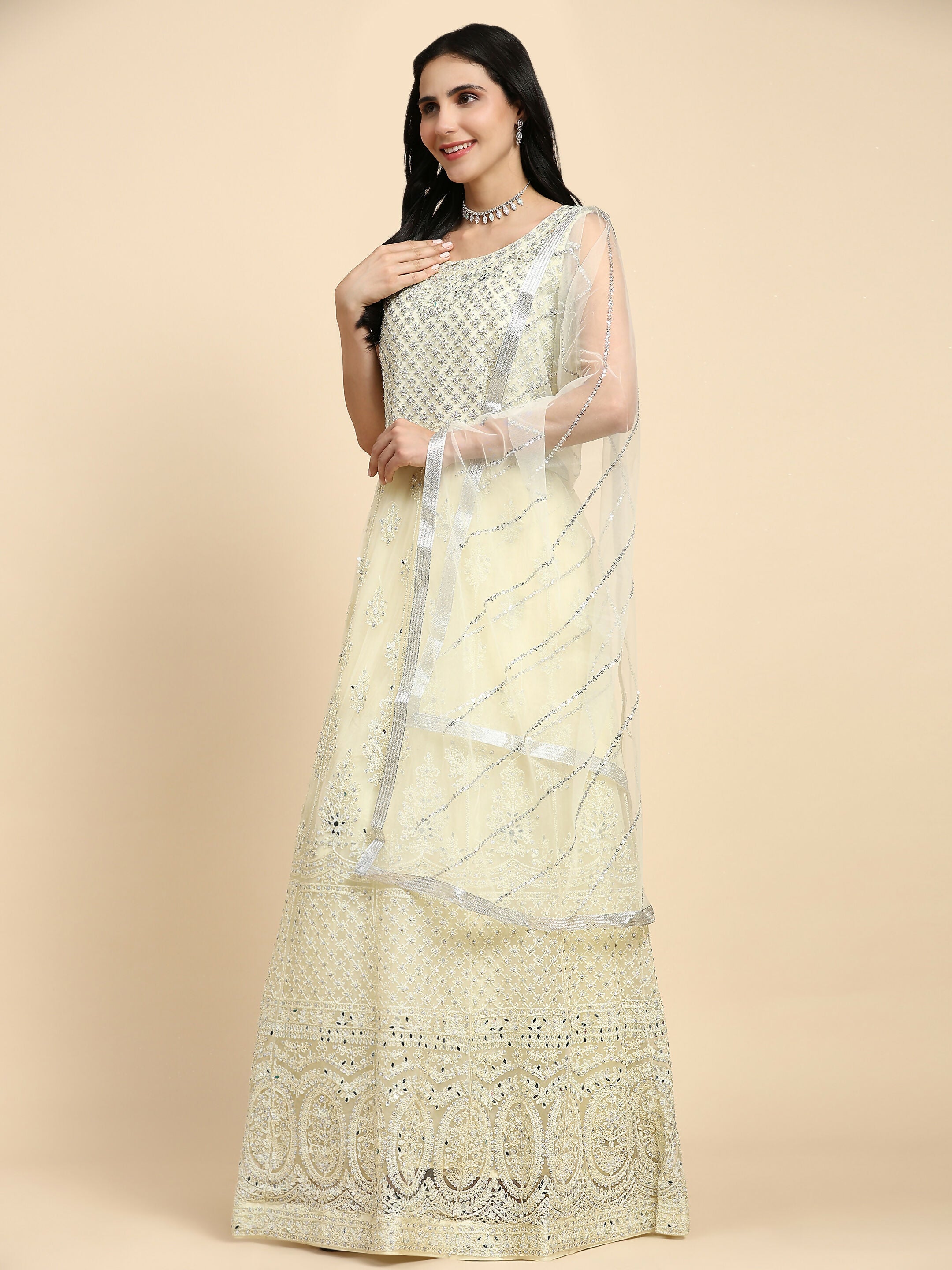 Yellow Net Hand Embroidered Gown - Rudrani