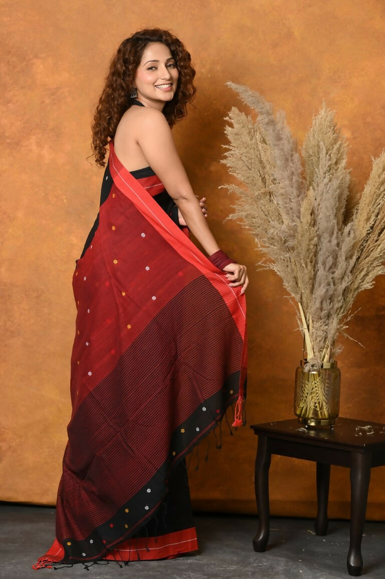 Very Much Indian Pure Cotton Handloom Saree with Buttis & Sleek Border - Black