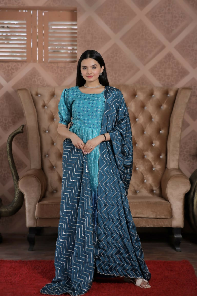 Jyoti Fashion Women's Blue Muslin Floral Print with Crush Pleating Kurta with Trouser & Dupatta