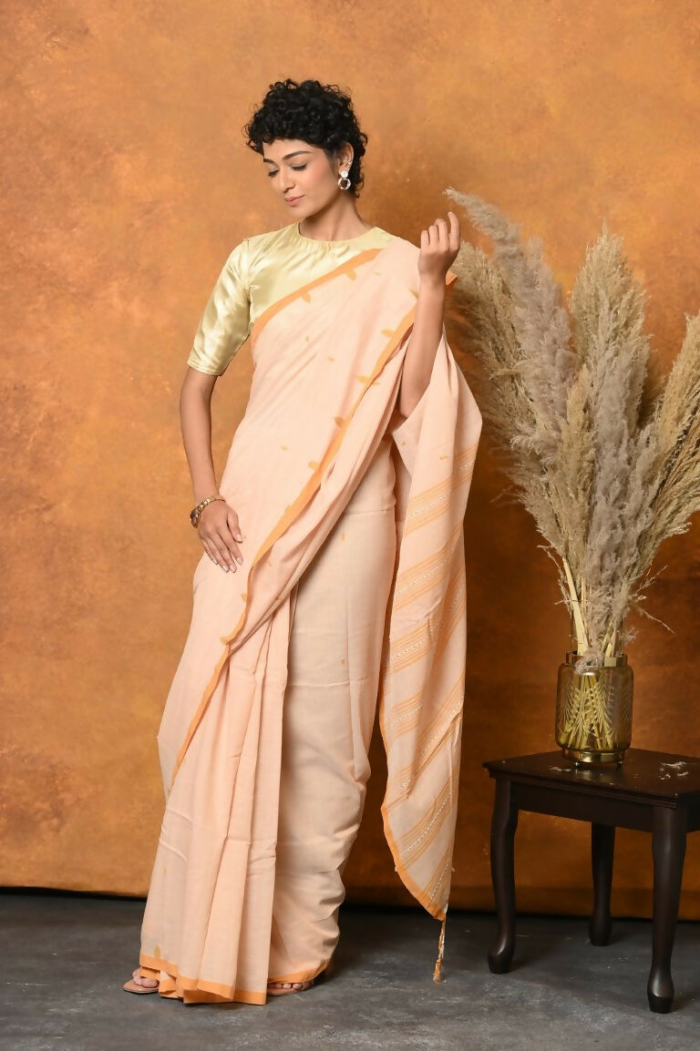 Very Much Indian Handloom Pure Cotton Saree With Sleek Border - Light Peach