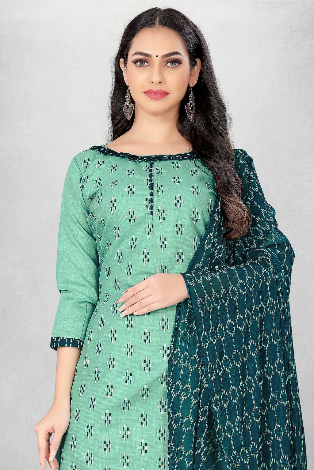 Sea Green Cotton Printed Unstitched Dress Material - Amara