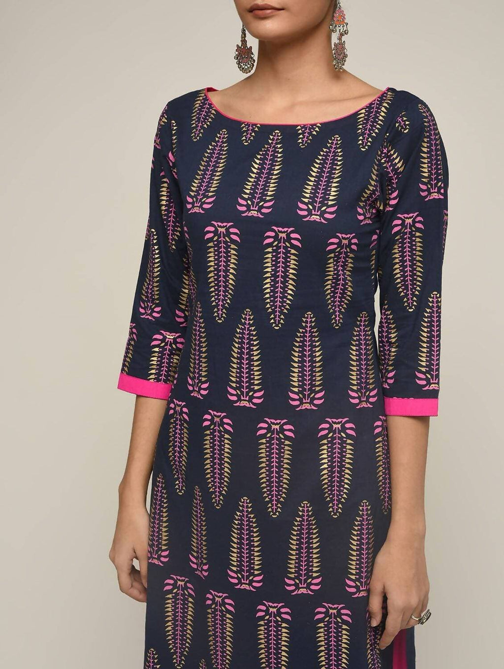 Cheera Hand Block Print Navy & Magenta Straight Kurta With Palazzo (MAAI-095K)