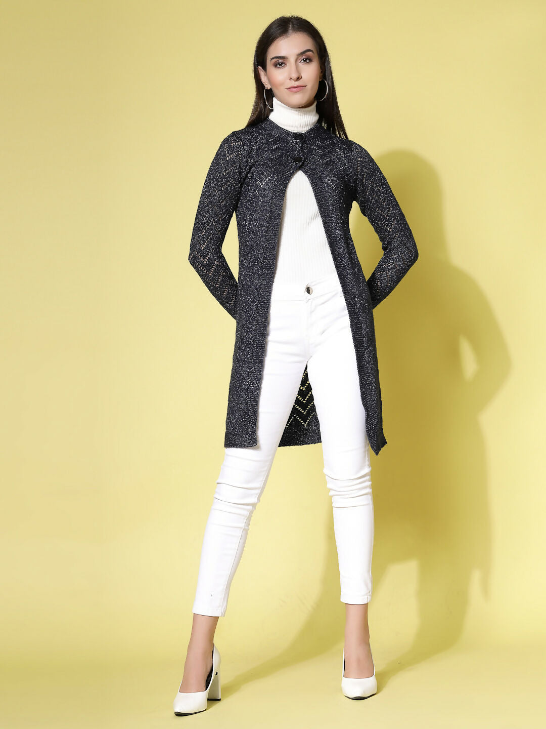 Women Self Design Long Navy Blue Acrylic Winter Shrug - Wool Trees