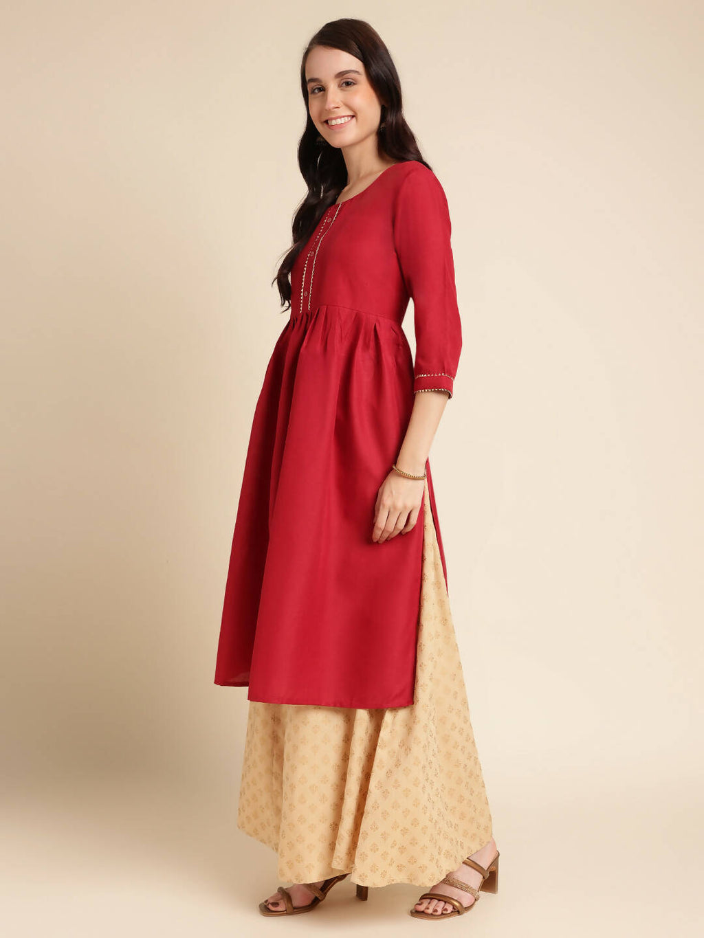 Red Poly Cotton Solid Nayra Cut Kurta - Tirtha