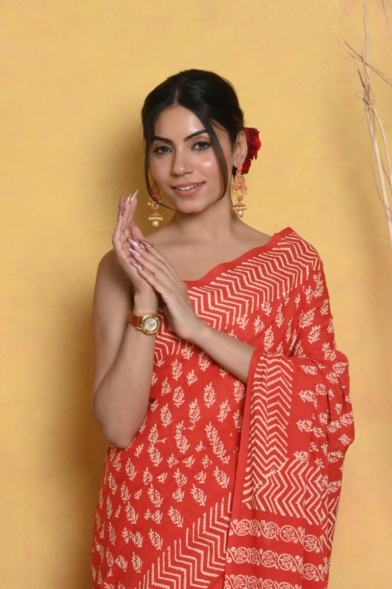 Very Much Indian Handblock Printed Cotton Saree With Natural Dyes - Orange