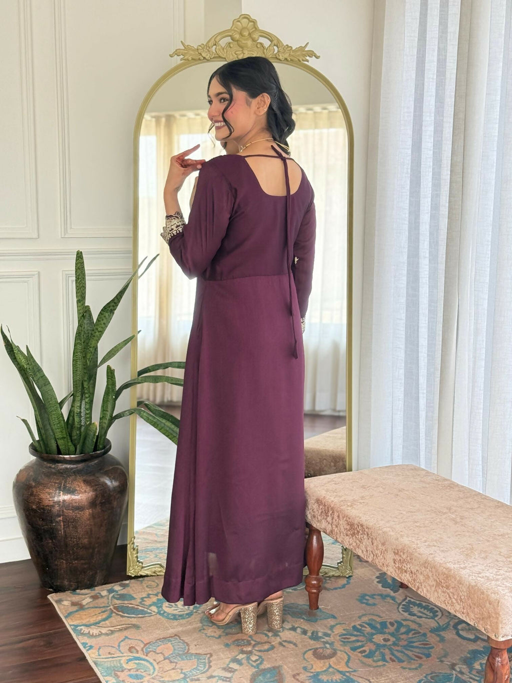 The52 Wine Women's Gorgeous Vichitra Silk Fabric Embroidered Work Flared Anarkali Pant and Dupatta Set
