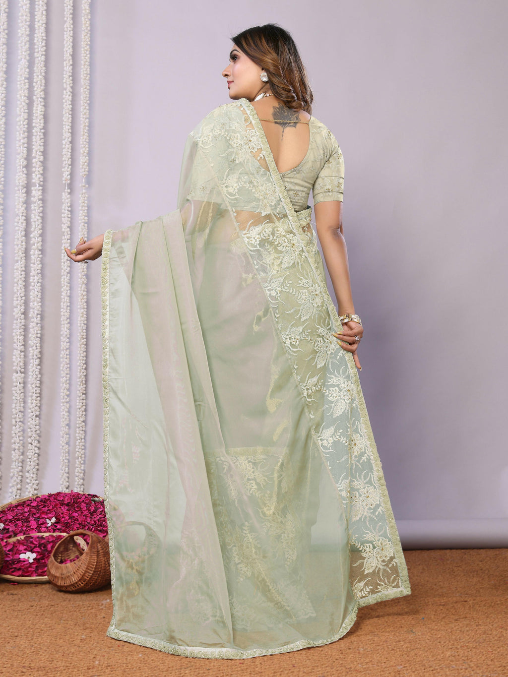 Green Glass Tissue,Net Embroidered Saree With Stitched Blouse - Nimaya Kaksha